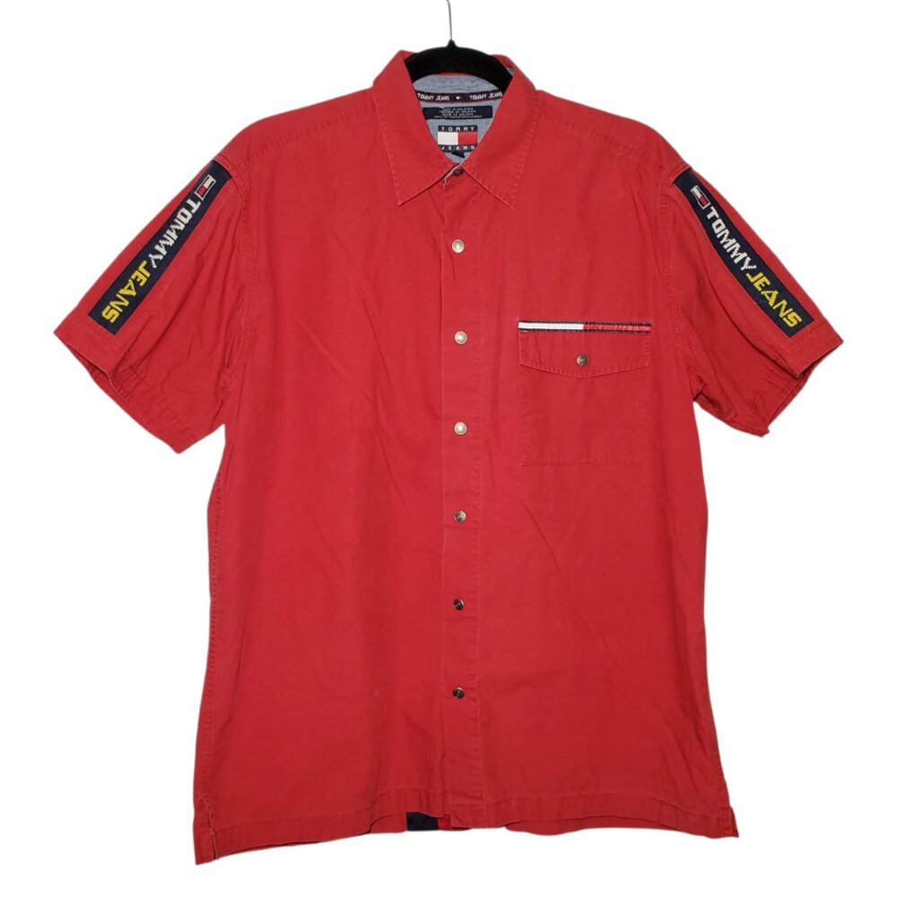 Tommy Jeans Mechanic Shirt Men's M Snap Button Short Sleeve Spellout Mesh Knit
